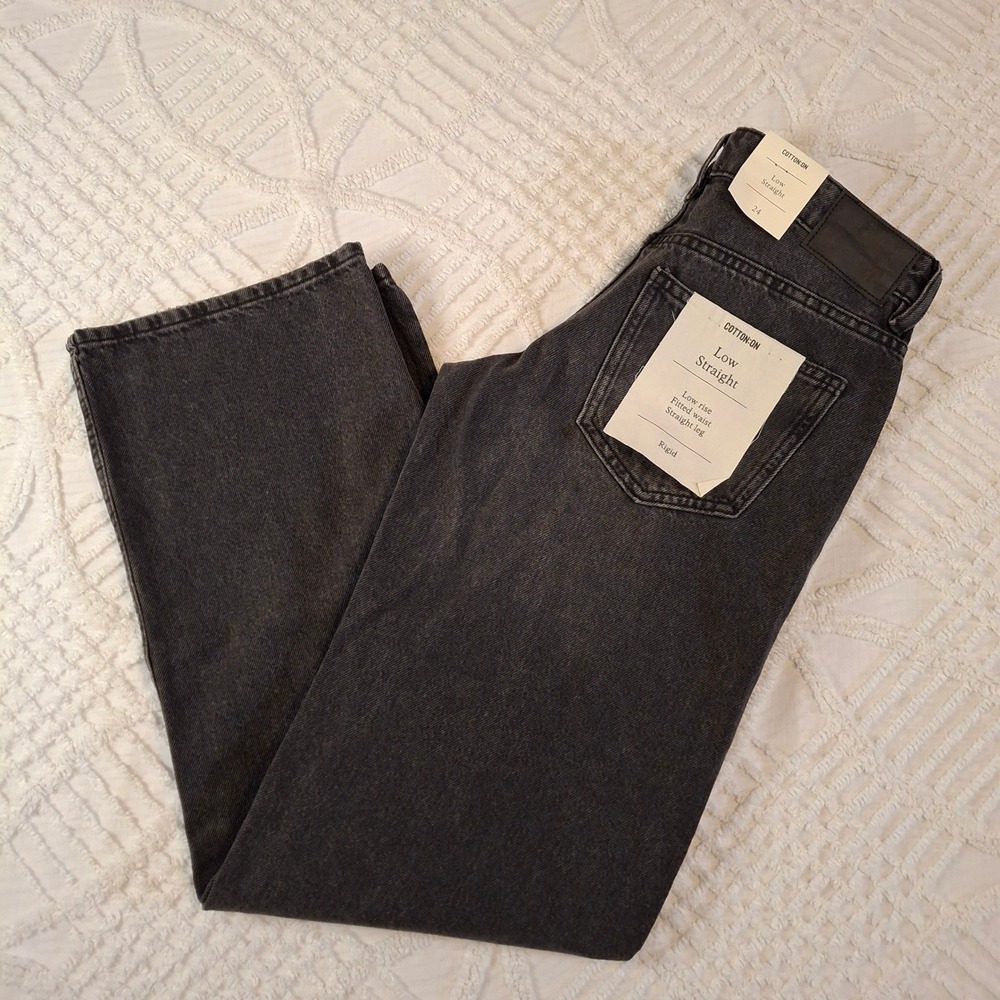 Cotton On Womens 24 Low Rise Straight Jeans Domino Black Rigid Denim NWT